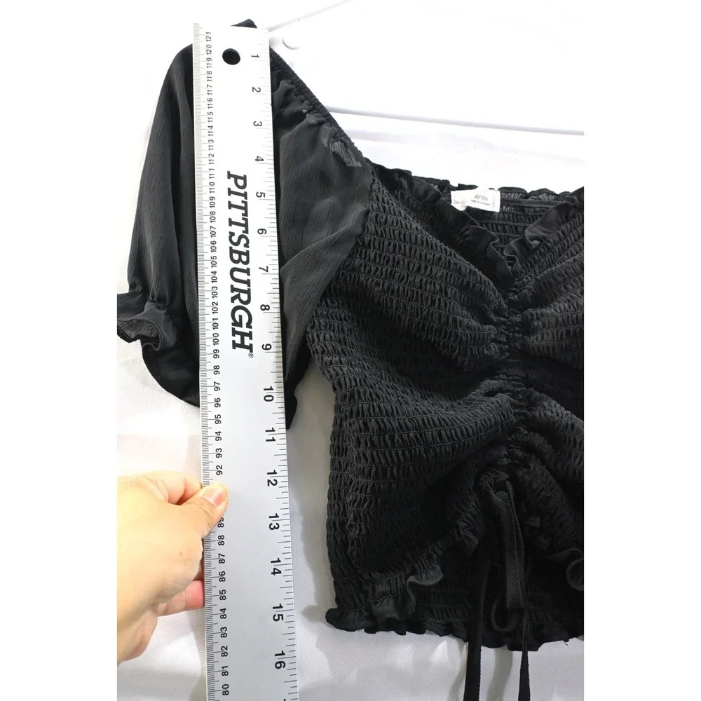 Active USA Black Smocked Crop Top Puff Sleeve Ruched Tie Front Blouse M Y2K Sexy